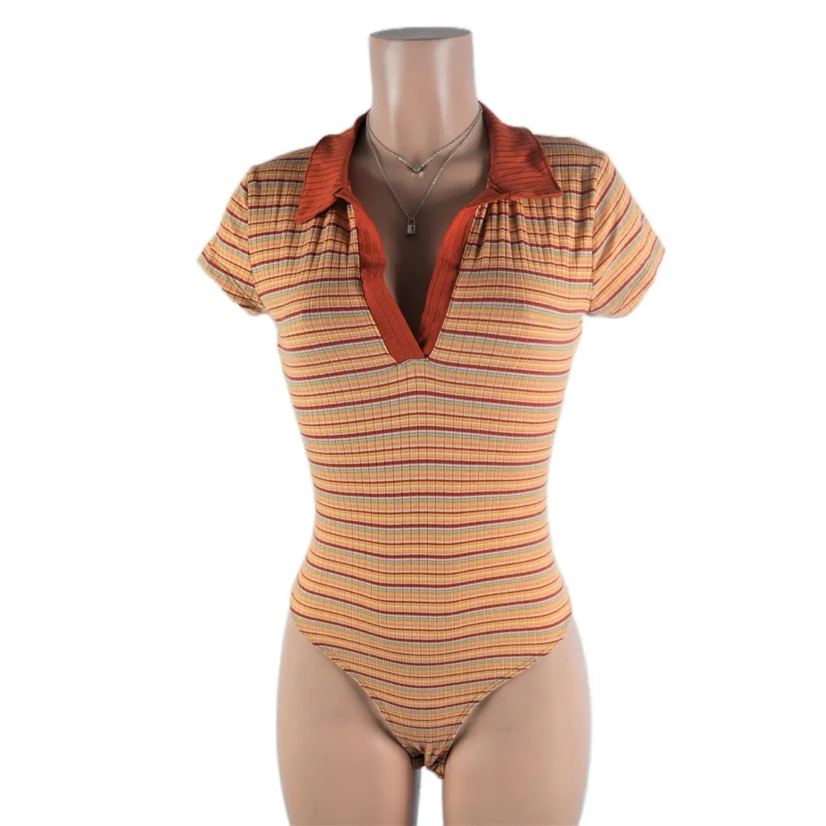 Orange Stripe Suit Bodysuits Collared Striped Polyester Spandex Casual Formal