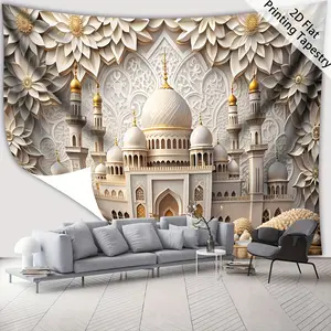 [ 2D Flat Printing] 1pc- Ultra large size- - Magnificent and magnificent relief architecture with flowers HD Digital Printing Huge Tapestry- Polyester- Home Decoration- with Free Hanging Clips