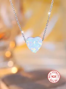S925 Sterling Silver Colorful Imitation Opal Heart Shaped Pendant Necklace, Fashion Jewelry for Party, Daily Decor, Trendy All-match & Exquisite Jewelry for Birthday Gift