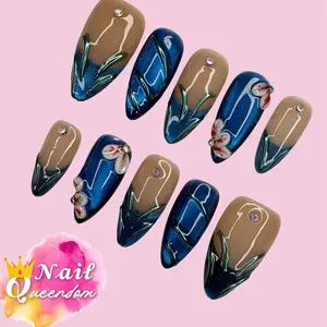 Nail Queendom [METALLIC MIDNIGHT] Handcrafted 3D--=%2=- Press=%2=---On Fake Nails Reusables Long Lasting Salon Quality Easy Application 10 Pieces Set--=%2=- elegant=%2=----=%2=- press=%2=-- elegant press
