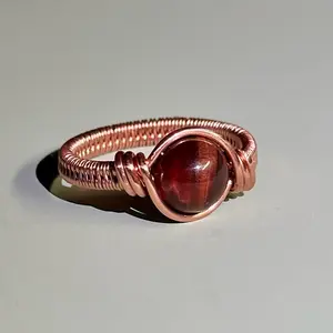 Copper and Red Tiger Eye Wire Wrapped Ring with Unique Design and Natural Tiger Eye Stone