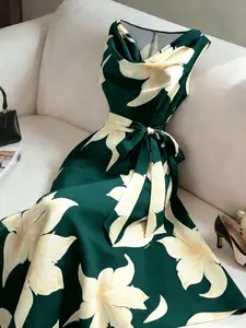 Plus Size Summer Vacation Dress, Luxury Emerald Satin, Vintage Large Floral Print, Deep V Neck, Bow Waist, Flowy Skirt, Evening Party, Beach Trip, Photo Booth
