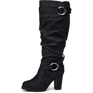 Women's Wide/Extra Wide Calf Knee High Boots Fashion Chunky Block Heel Pull On Winter Boots with Side Zippers