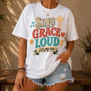 Women's Sing Grace Loud Christian Graphic T-Shirt - Womenswear Religious Vintage Inspirational Top for Church Camp Praise Worship Faith, Tshirt