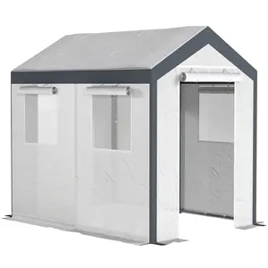 Portable Walk-in Greenhouse 96“x71”x90“ with 2 Zippered Mesh Doors & Roll-Up Side Windows, Tear-Resistant PE Cover Blocks UV, 1.25” Rust-Resistant Steel Tubing, 12 Ground Stakes Included, Perfect for Patio, Deck, and Garden Use