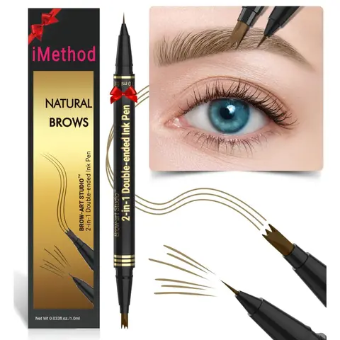 iMethod Eyebrow Pencil - Brow Pencil 2-in-1 Dual-Ended Eyebrow Pen with 3-Prong Micro-Fork-Tip Applicator and Precise Brush-Tip Create Natural-Looking Brows, Stay on All Day, Light Brown