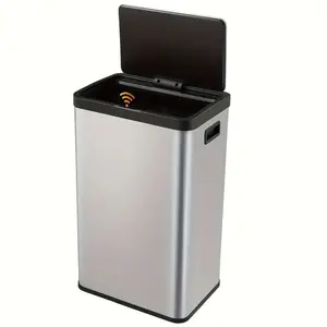 FULTRU 16 Gallon Trash Can, Motion Sensor Trash Can, Stainless Steel Trash Bin with Lid, Soft Close, Automatic Waste Bin for Kitchen Living Room Office, Silver Rectangle Wood Wooden