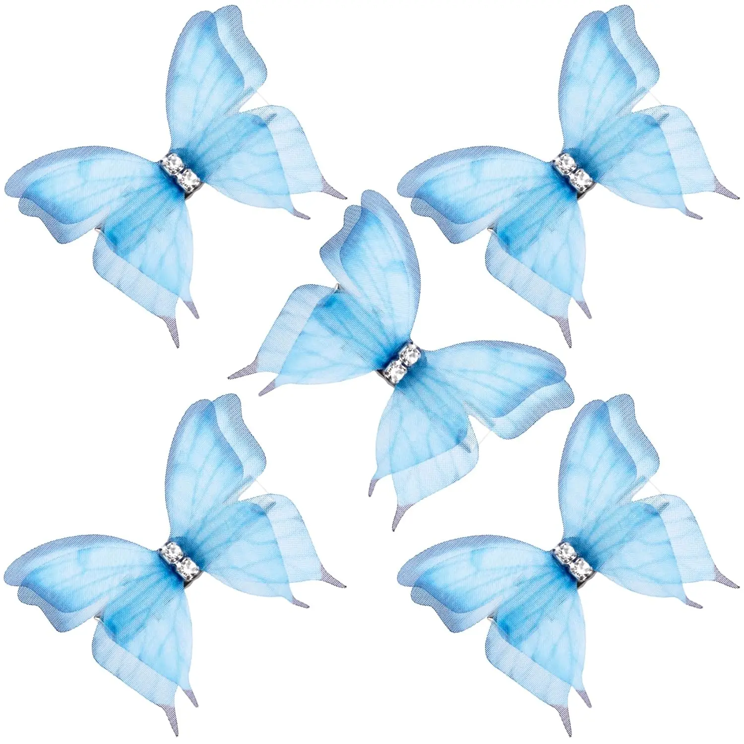 5 count Blue Butterfly Hair Clips, Gradient Rhinestone Organza Barrettes, Christmas Bachelorette Party Halloween Rave Festival Concert Hair Accessories for Women- B Styles