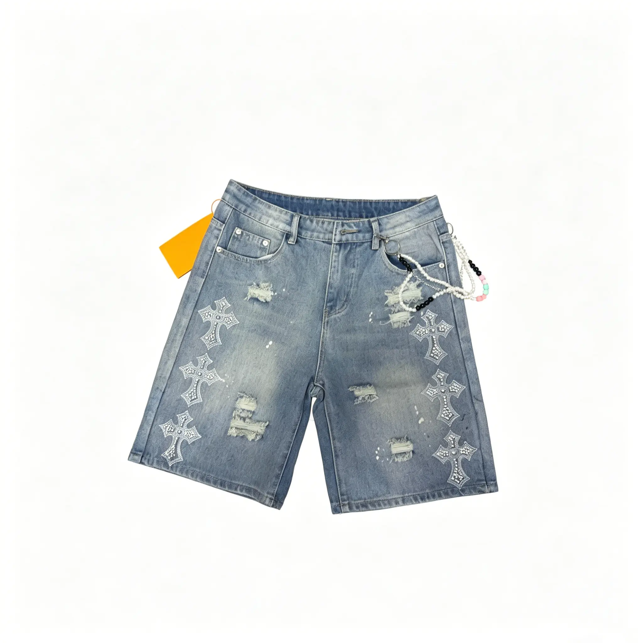 Sopula Studio Men's Vintage Y2k Washed Distressed Cross AppliquÉ Rhinestone Jorts Denim Shorts Blue Sopula Studio Men's Vintage Y2k Washed Distressed Cross AppliquÉ Rhinestone Jorts Denim Shorts Blue