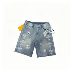 Sopula Studio Men's Vintage Y2k Washed Distressed Cross AppliquÉ Rhinestone Jorts Denim Shorts