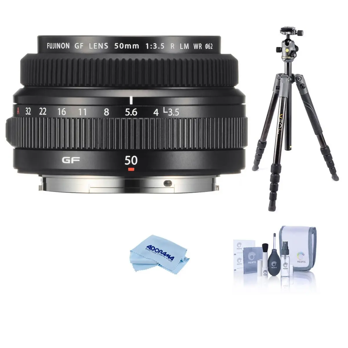 Fujifilm GF 50mm f/3.5 R LM WR Prime Lens Bundle for GFX Cameras - Vanguard VEO 3 GO 235AB 23mm 5-Section Aluminum Travel Tripod Set with T-50 Ball Head, ProOptic Cleaning Kit, Cleaning Cloth for Photographers