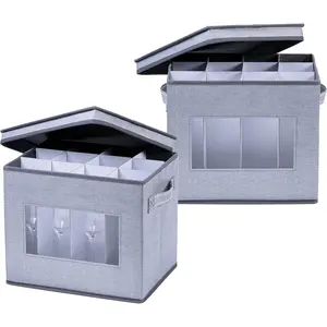 2 Pack Champagne Flute Glass Storage Box with Lid and Handles, Moving Boxes for Glasses, China Organizer Container, Glassware Holder, Dividers for 12 Glasses