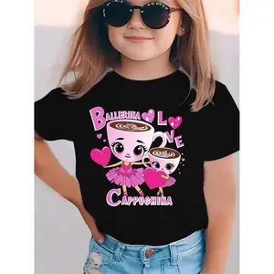Valentines Day Summer Fashion Girls Short Sleeve T Shirt Featuring Italian Brain Rot Love Ballerina Cappuccino Dancer Holding Heart Cartoon Print Versatile Casual Top