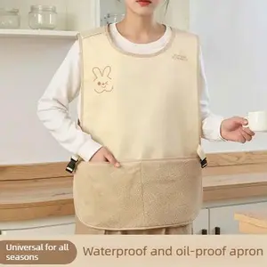 Cream-Colored Waterproof Apron with Pocket & Sleeves for Kitchen Use Oil-Proof Cooking Vest Easy to Clean Fashionable Dining Bib for Adults - Wipe