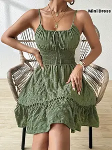 1 Piece Women's Summer Green Smocked Ruffle Tiered Mini Cami Dress, Tie Front Casual Sundress for Vacation, Y2K Boho Bohemian Streetwear