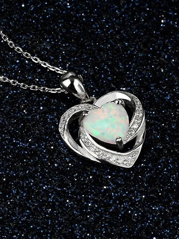 Elegant Love Heart Opal Necklace, Dainty 925 Sterling Silver Gemstone Birthstone Pendant for Women, Casual Daily Wear, 3G/0.12 Ounces, Adults