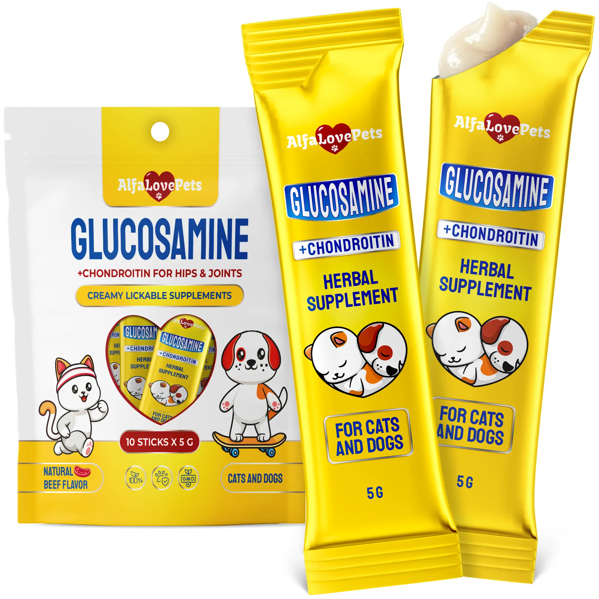 Alfa Love Pets Cat Joint Supplement with Glucosamine, Chondroitin, MSM, Taurine & Ascorbic Acid - Lickable Beef-Flavored Syrups - Supports Hip Mobility & Ligament Strength, Flexibility - 5g per Stick, 10-Stick Pack, 24-Month Shelf Life