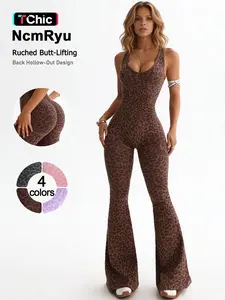 Women's Sporty One-Piece Jumpsuit, Low-Back Halter Top High-Waisted Bell-Bottom Pants, Vintage Leopard Print, Quick-Dry Fabric