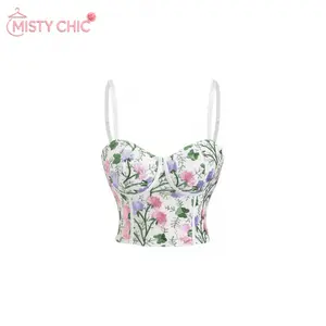 MISTY CHIC Dreamy Viral Floral Embroidery Corset Bustier Top with Thin Straps, Cottagecore Romantic Vibe, Perfect for Brunch, Date Night and OOTDs That Slay With Soft, Feminine Style