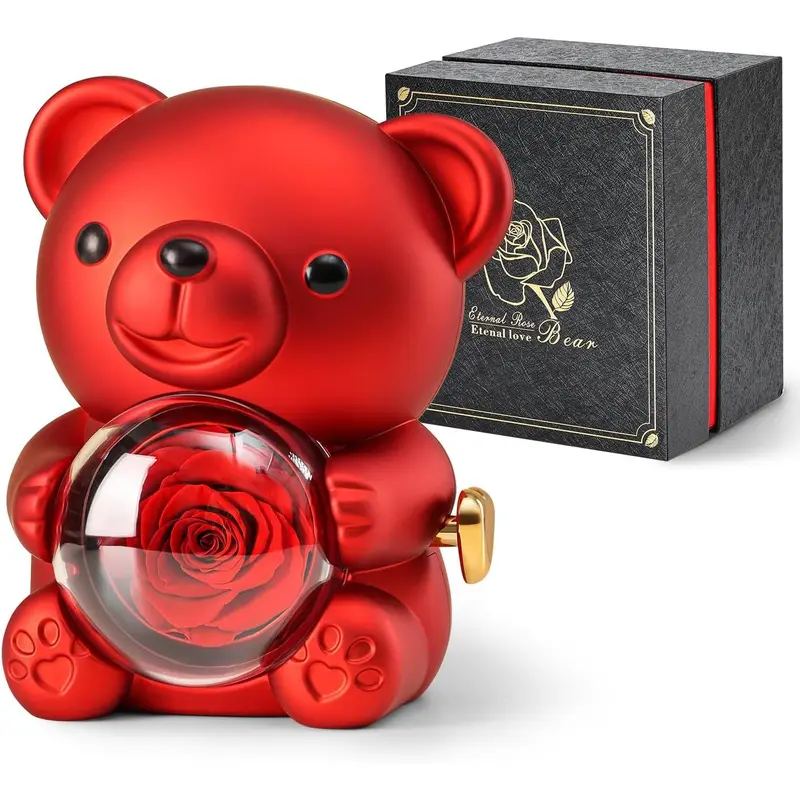 Cute Teddy Bear with Preserved Rose - A Real Rose Flower in Bear with Elegant  Box - Romantic  for Her in Mother's Day, Weddings, Anniversaries, and Bridal Showers (Red)