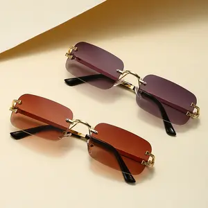 Vintage Rimless Cut Edge Square Sunglasses Women Men Punk Hip Hop Style UV400 Shades