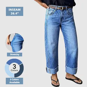 Flamingals Wash Seam Front Roll Raw Hem Mid Rise Straight Leg Jeans Womenswear Stretchy 26.8" Inseam Summer Vibes