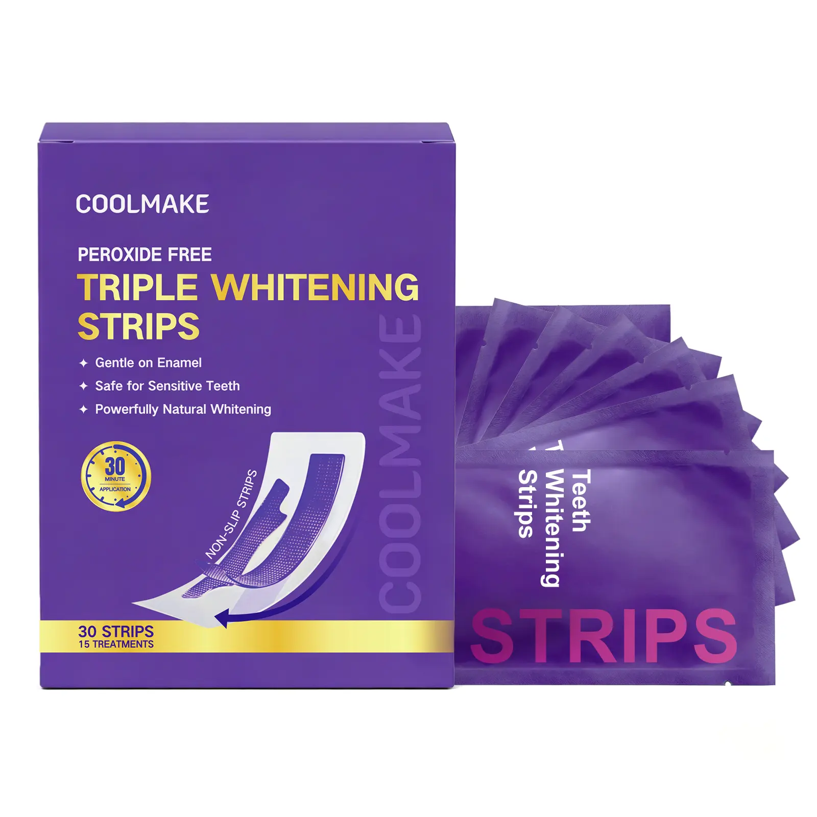COOLMAKE Purple Strips Teeth Whitener, Menthol-Infused Gentle Teeth Whitening Strips, 15/30/45 Sessions, Enamel-Safe, Peroxide-Free, Non-Sensitive, Oral Antibacterial, Radiant Brightening Effect