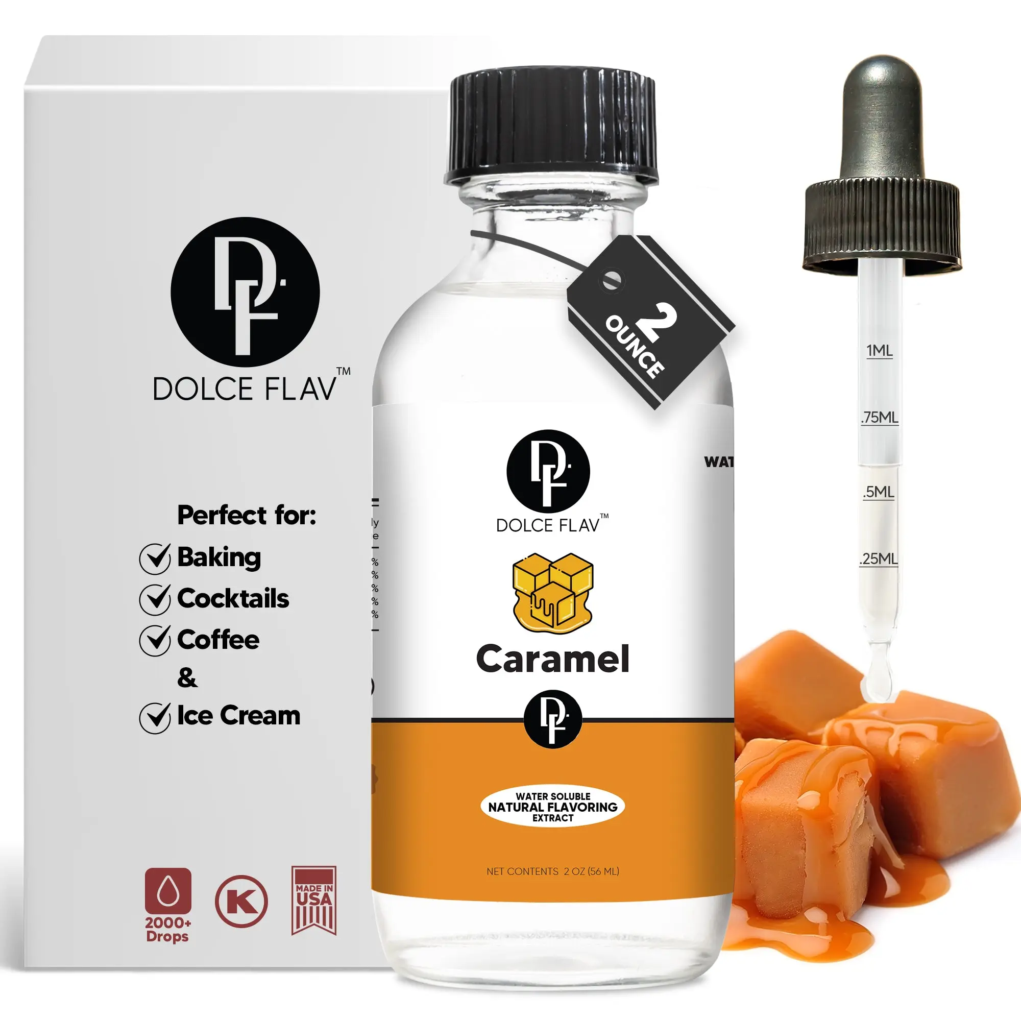 Dolce Flav Caramel Extract Water Soluble 2oz - Water-Based Flavoring for Baking Cocktails Coffee & Ice Cream - 2000+ Drops - Dye-Free Natural Flavor