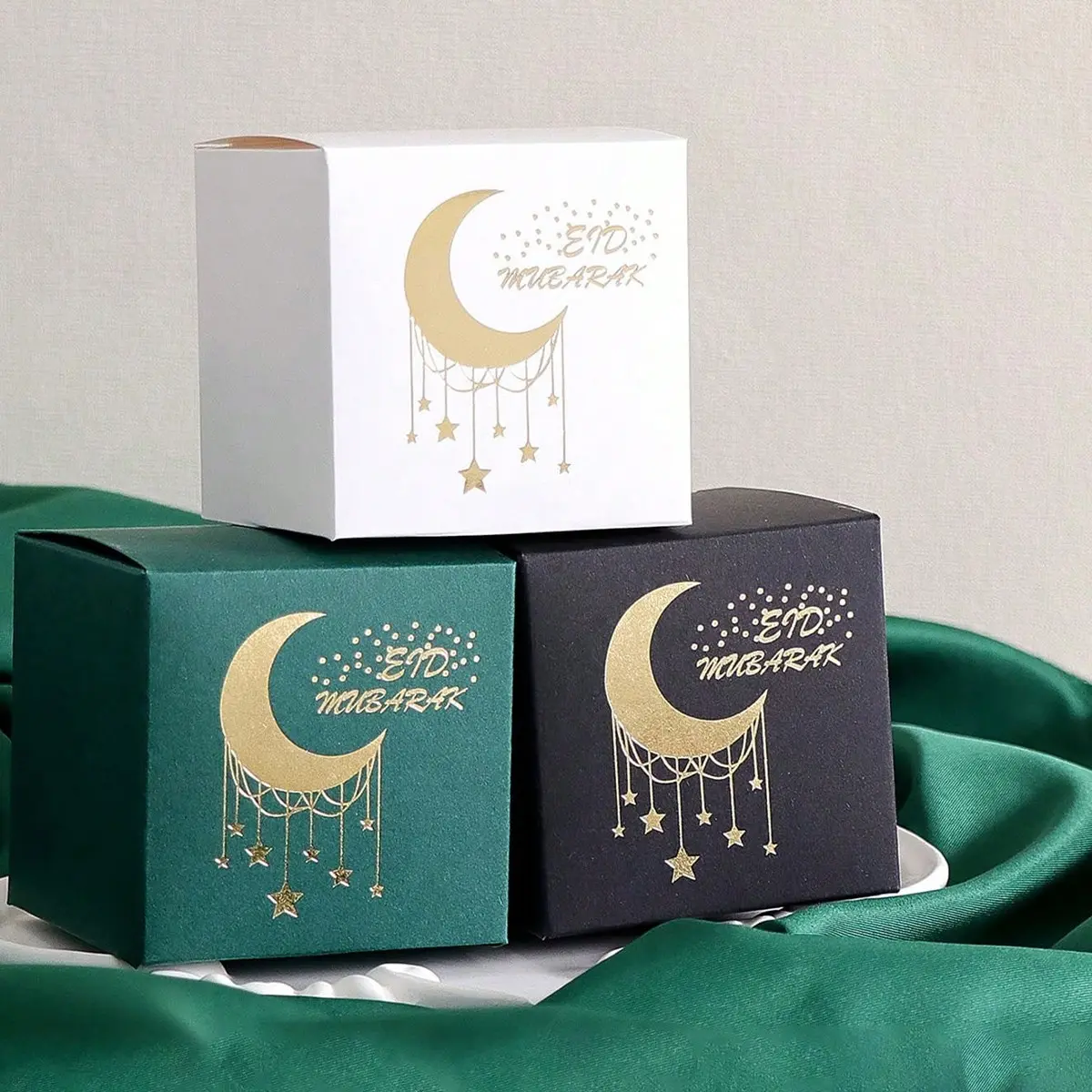 Eid Party Gift Box Set, Moon and Stars Design, Elegant Islamic Decor, Ramadan, Wedding, Baby Shower, Gold Foil, Pre-Assembled