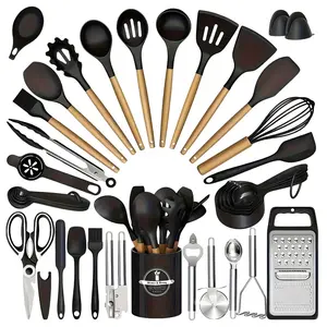 37 pieces of wooden handle silicone kitchen tools/cooking tools/kitchen small tool set/baking tools - non stick, heat-resistant, including kitchen scissors, spoons, shovels, etc, Cookware，Heat-Resistant,Silicone,Kitchen,Utensil,Set