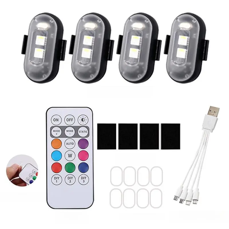 4pcs RGB LED Aircraft Strobe Lights, Motorcycle Lights, Blinker Light, Auxiliary Lights, LED Flash Position, Wireless Light, Aircraft Airplane Helicopter Warning Lights, Strobe Light Kit