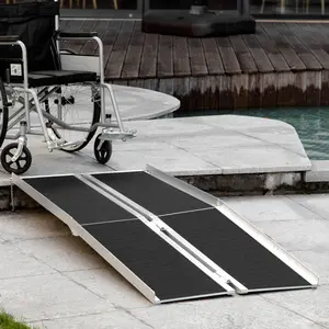 Safety focused foldable handicap ramp anti fall side wall wear resistant surface compact stowing style practical barrier crossing tool for residential entrance curb vehicle interior travel application