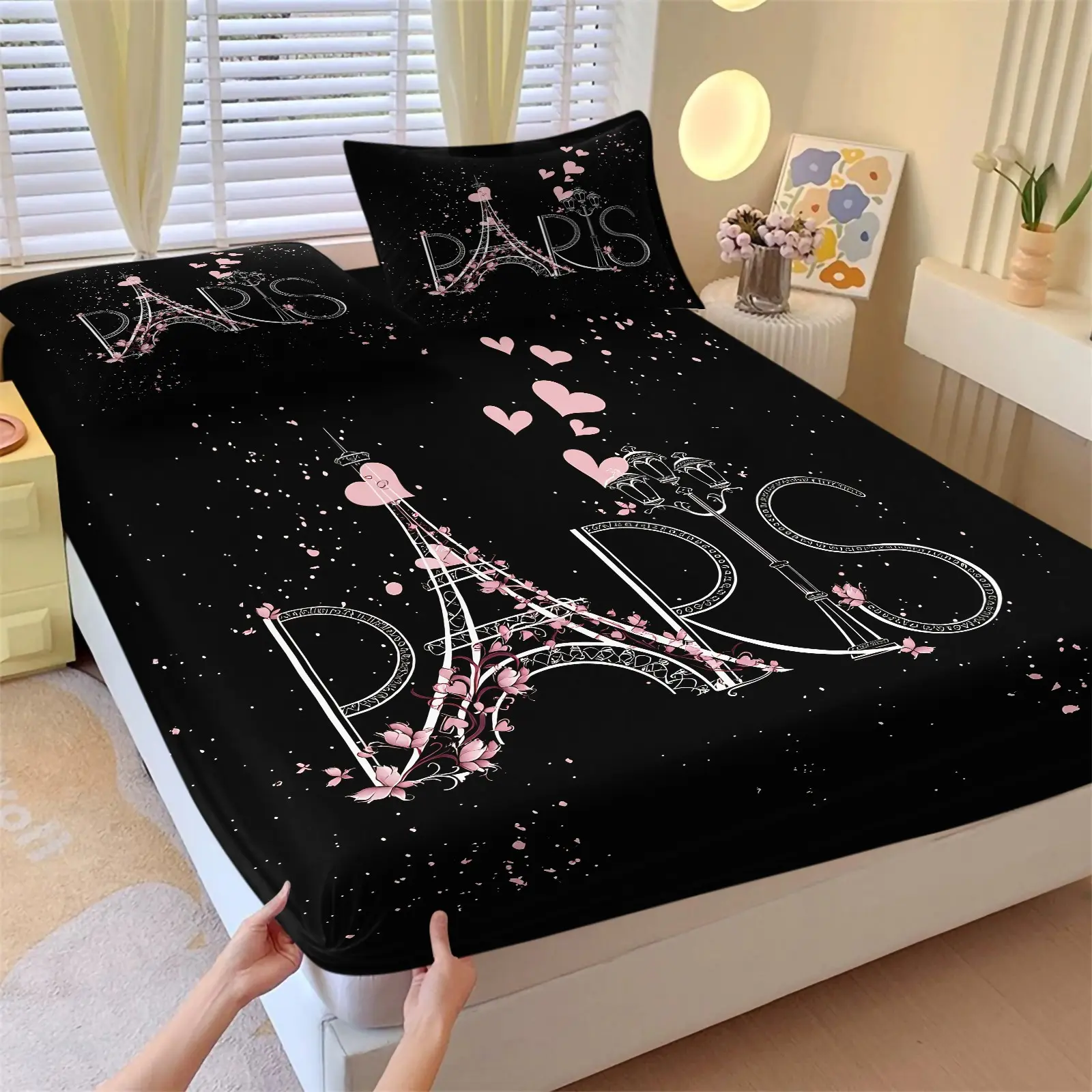Black Base Pink Gold Eiffel Tower Fitted Sheet Set & 2 Pillowcases No Core, Line Art Eiffel Tower with Artistic Font PARIS, Soft Anti-Slip Wrinkle-Resistant Bedding, Elegant Parisian Design, Gift for Girls' Room Decor