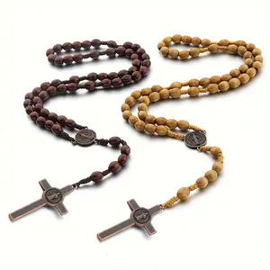 Handmade Catholic Rosaries With Jesus Wood Necklace,Crucifix Christian Cross Wood Prayer Beads Pendant Necklace,Unisex Necklace