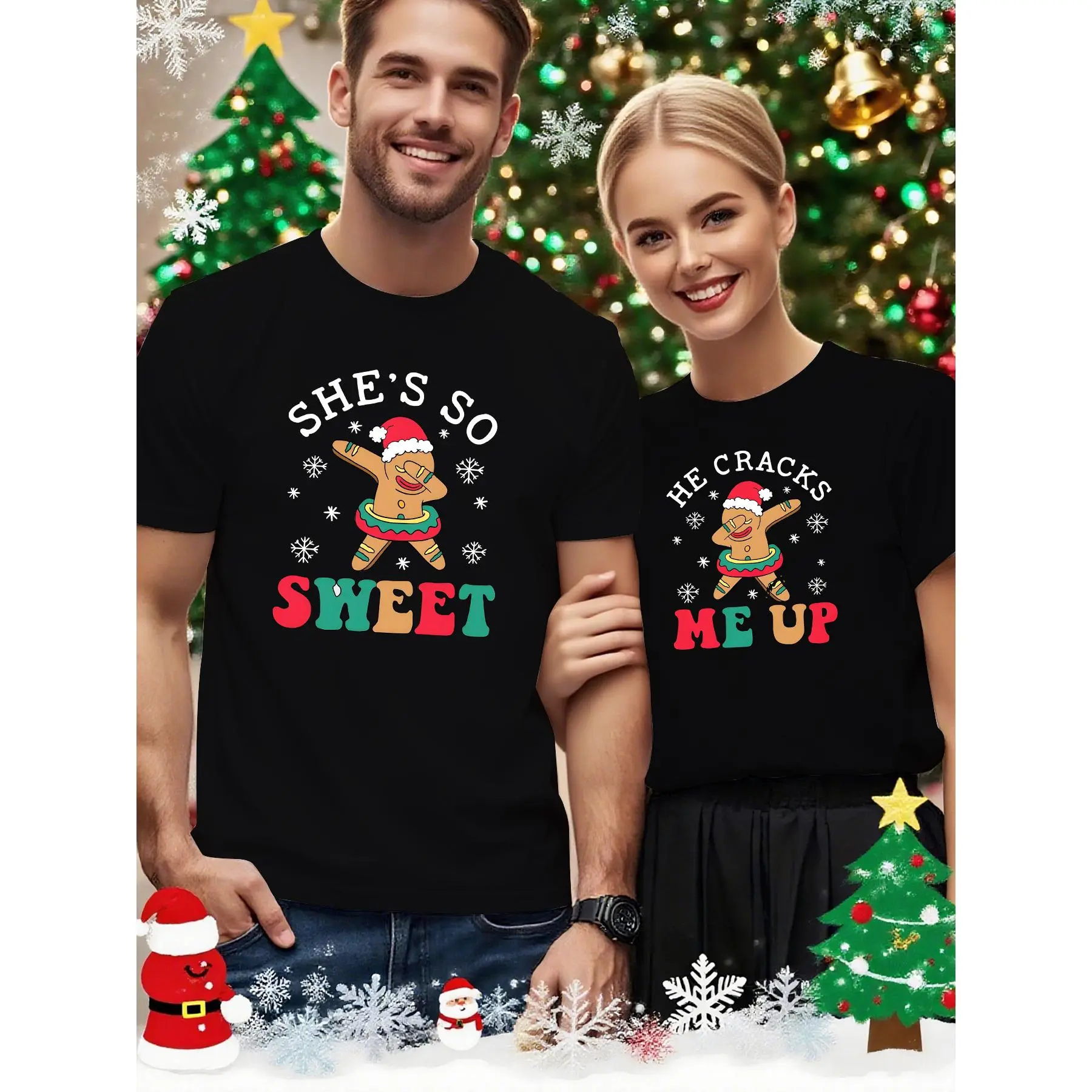 Couple'S Matching Christmas T-Shirts - "She'S So Sweet" & "He Cracks Me Up" Funny Holiday Designs, Pink Crew Neck Tees with Santa & Snowflakes, Comfortable Casual Wear for Couples, Christmas Shirts