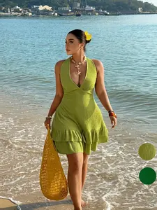 Plus Size Women's Halter Deep V Short Sleeveless Casual Dress, Slimming Waist Pleated Skirt, European Style Chic Sexy Beach Vacation Dress for Summer