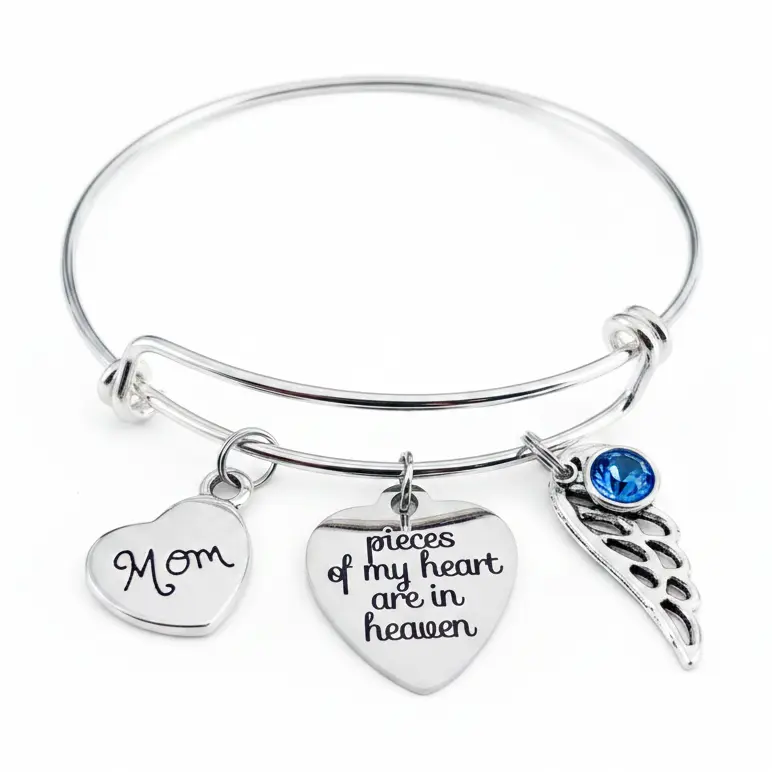 Silver Mom Memorial Charm Bracelet – "Pieces of My Heart Are in Heaven" | Angel Wing, Birthstone & Mom Heart Charm | Sympathy Gift for Loss of Mother