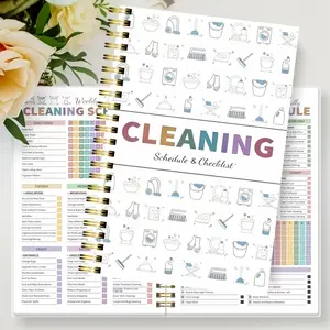 A spiral-bound cleaning planner designed specifically for people with ADHD, featuring color-coded schedules. It includes daily, weekly, monthly, and yearly cleaning task lists to help homes, offices, and homemakers.