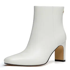Athlefit Women's Ankle Boots Fashion Square Toe Chunky Heeled Short Boots with Side Zipper mid calf