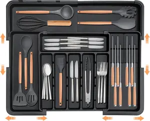 Homecor Silverware Organizer - Expandable Large Kitchen Drawer Organizer Utensil Organizer with 2 Removable Knife Blocks, 22"x 19"Cutlery Tray Drawer Dividers for Kitchen Flatware(6-9 Slots) (Black)