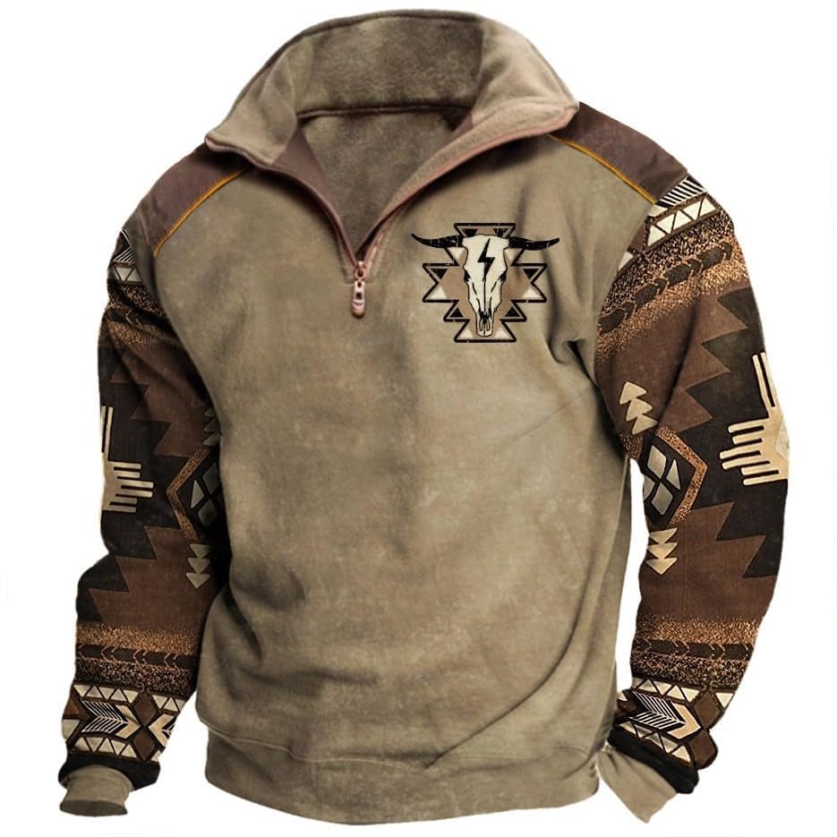 Men ' s Retro Tribal Style Splicing Personalized Skull and Bull Head Printed Sweatshirt -  Hoodie , Menswear Long Sleeve Casual Collar Cotton