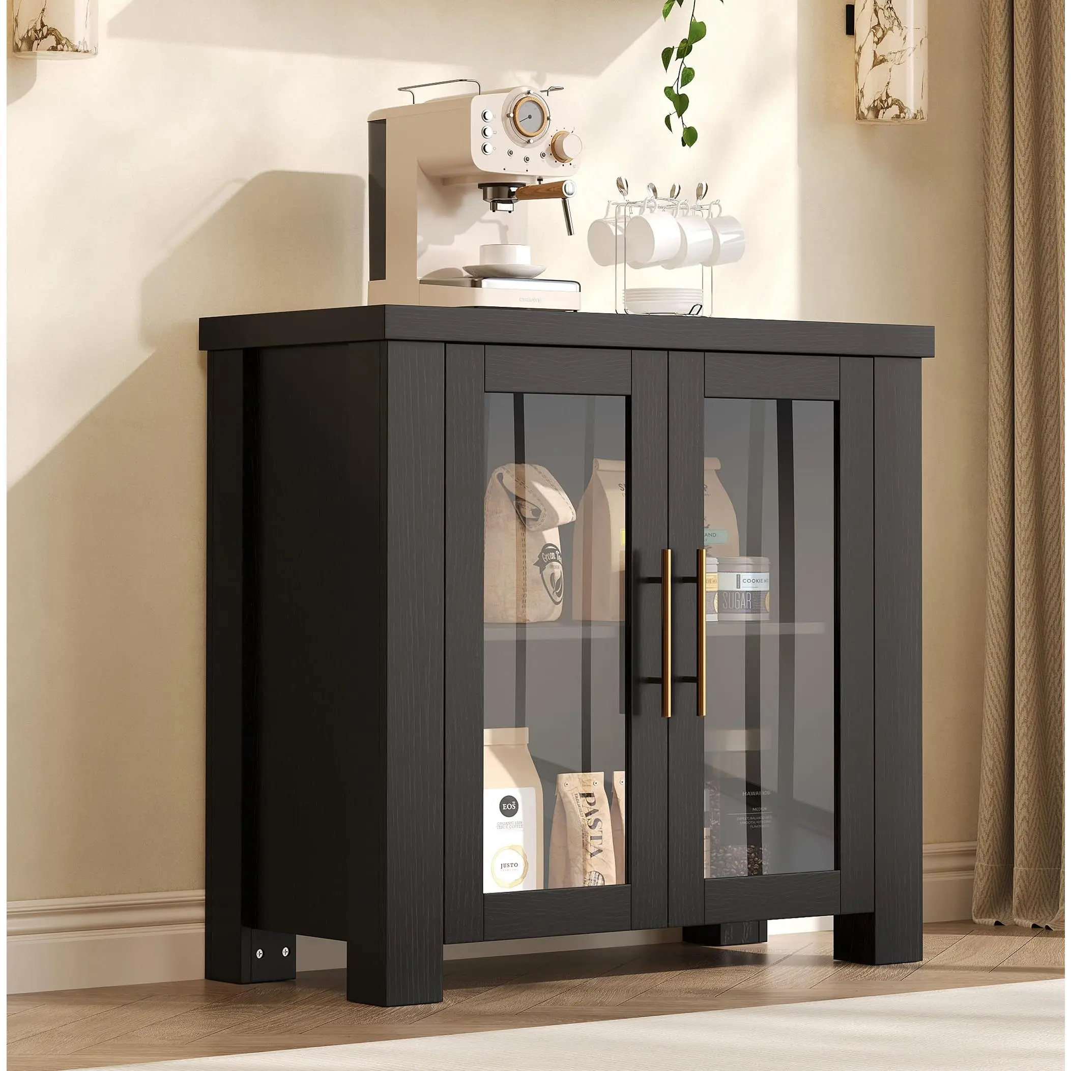 Garvee Sturdy 31.5" Floor Mount Buffet Cabinet, Adjustable Storage Sideboards with Tempered Glass Doors, 31.5x15.75x31.5in 66.25lbs Wood Credenza for Living Room, Dining Room