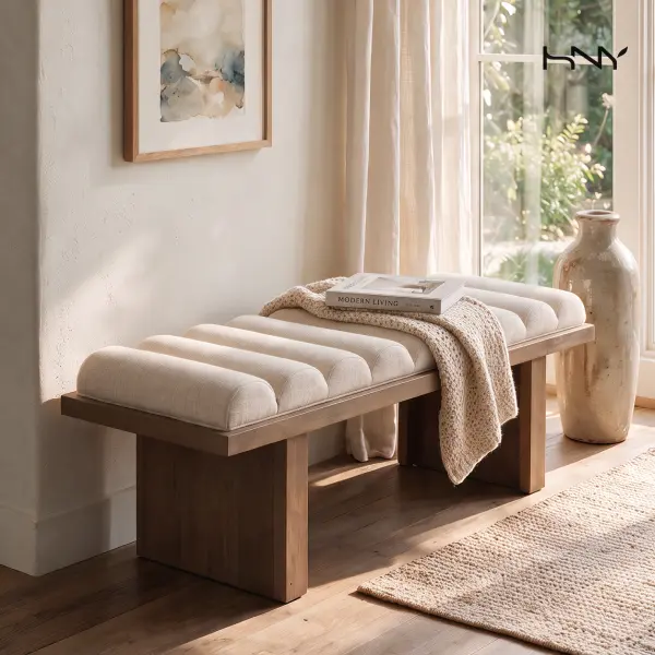 HNY 47-In Rectangular Boucle Footstool - Furniture Ottoman, Modern Chenille Boucle Backless Armless Bench, Padded Cushion, Natural Wooden Base, Premium Finish, Multipurpose, Simple Assembly Required, All Hardware Included, for Entryway, Bedroom
