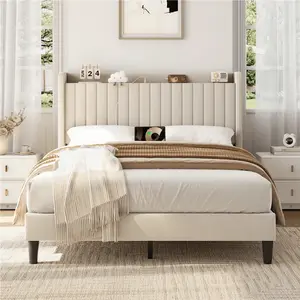Elegant Velvet Bed Frame With Charging Station, Platform Bed Frame With Upholstered Headboard, Wood Slat Support, Pink/Beige, Queen/Full Size