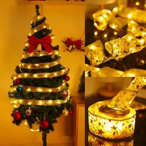 Christmas Tree String Lights with Warm Yellow Glow 10m Christmas Ribbon Bow for Tree Stair Indoor Party Holiday Decorations 5M 2Rolls Total 10M Battery Operated Flexible LED Lights