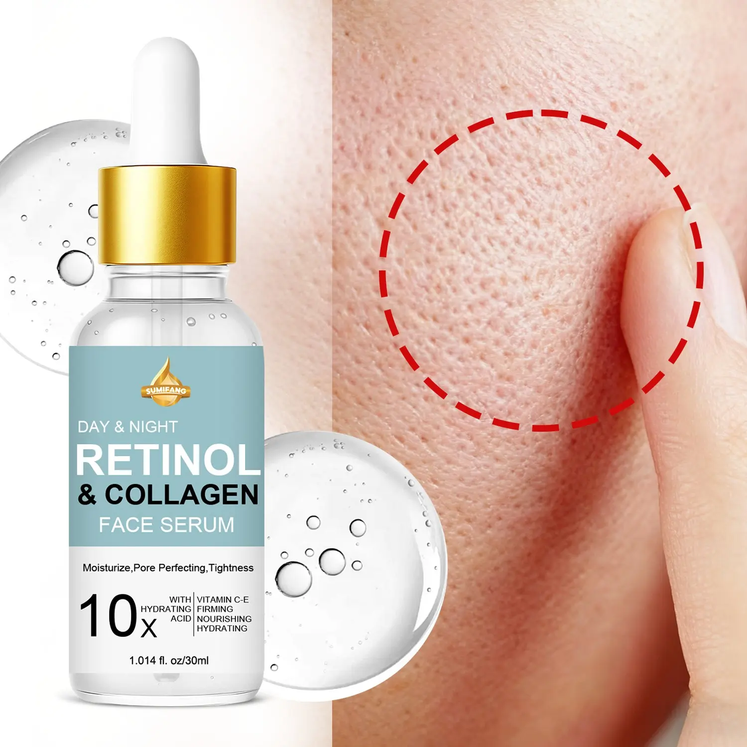 SUMFANG Day & Night Retinol-Collagen Facial Serum (30ml), Collagen Serum Treatment, Deep Collagen Retinol, Hydrating Firming, Retinol + Collagen + Hyaluronic Acid, Refines Pores & Firms Skin, For Face & Neck, Targets Enlarged Pores / Oily Skin