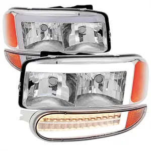 1999-2006 GMC Sierra Denali/2007 Sierra Classic Denali/2000-2006 Yukon/XL Denali Factory Style Headlights with LED Sequential Turn Signal Bumper Lights (Chrome Housing/Clear Lens)