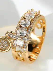 Luxurious Round Zirconia Stone Engagement Ring for Women, Feminine Crystal, White, Yellow, Gold Color, Wedding Jewelry, Beautiful, Pave Engagement Ring