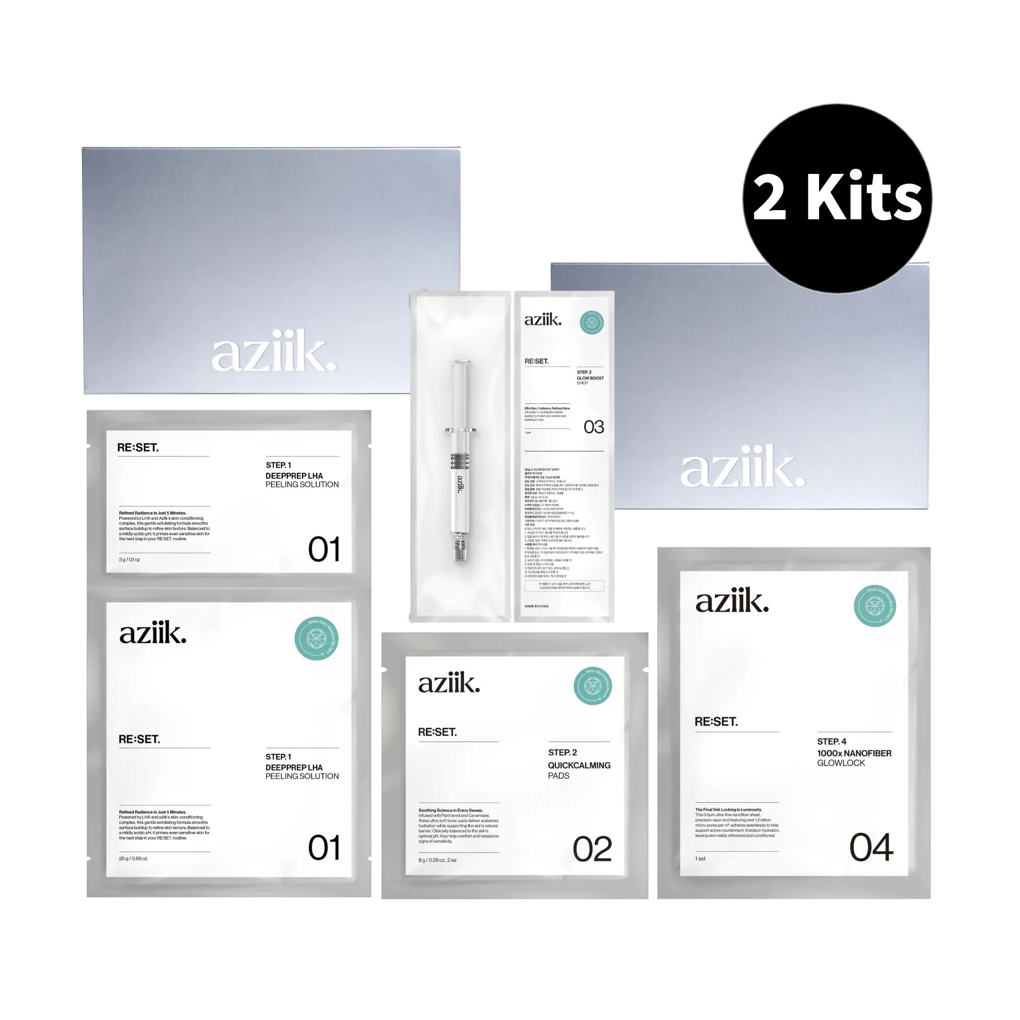 aziik RE:SET At-Home Facial Kit [2 Kits] - 4-Step Korean Glass Skin Treatment in 20 Minutes