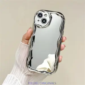 3pcs incl. 2lanyards Feelall Upgraded Plating Silver Makeup Mirror Case Curly Wave Frame Phone Case for iPhone 17 Series Plus 11 12 13 14 15 16 Pro Max Protection